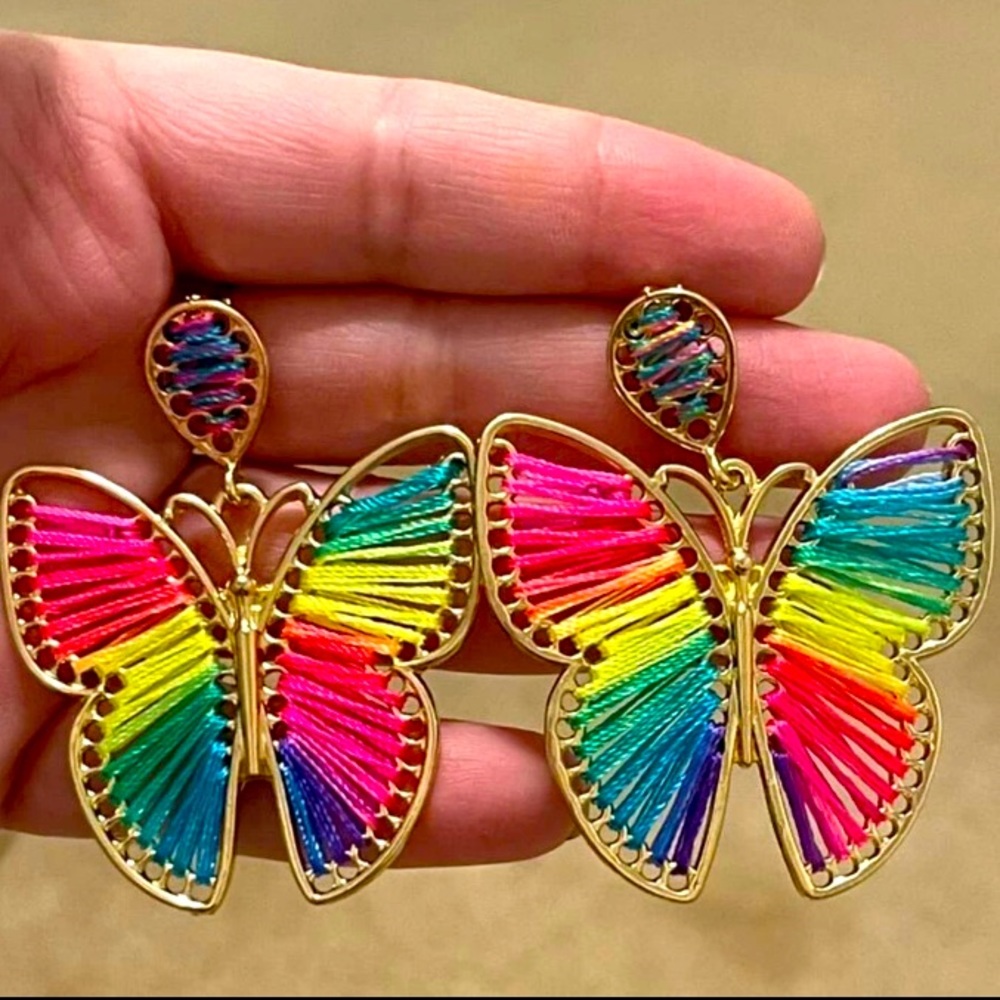 Vibrantly Fun🌈⭐️🦋Neon Bright Rainbow Butterfly Hand Woven Statement Earr… - Picture 5 of 7